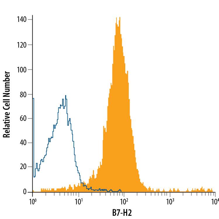 U937 human histiocytic lymphoma cell line was stained with Mouse Anti-Human B7-H2 APC-conjugated Monoclonal Antibody (Catalog # FAB165A, filled histogram) or isotype control antibody (Catalog # IC0041A, open histogram). View our protocol for Staining Membrane-associated Proteins.