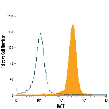 Raji human Burkitt's lymphoma cell line was stained with Mouse Anti-Human BATF APC-conjugated Antigen Affinity-purified Monoclonal Antibody (Catalog # IC8054A, filled histogram) or isotype control antibody (Catalog # IC0041A, open histogram). To facilitate intracellular staining, cells were fixed with Flow Cytometry Fixation Buffer (Catalog # FC004) and permeabilized with Flow Cytometry Permeabilization/Wash Buffer I (Catalog # FC005). View our protocol for Staining Intracellular Molecules.