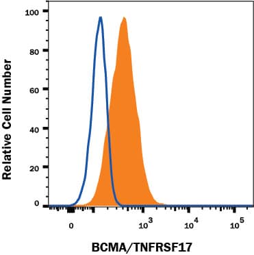 RPMI8226 human myeloma cell line was stained with Mouse Anti-Human BCMA/TNFRSF17 Monoclonal Antibody (Catalog # MAB1931, filled histogram) or isotype control antibody (Catalog # MAB10041, open histogram), followed by Phycoerythrin-conjugated Anti-Mouse IgG Secondary Antibody (Catalog # F0102B). View our protocol for Staining Membrane-associated Proteins.