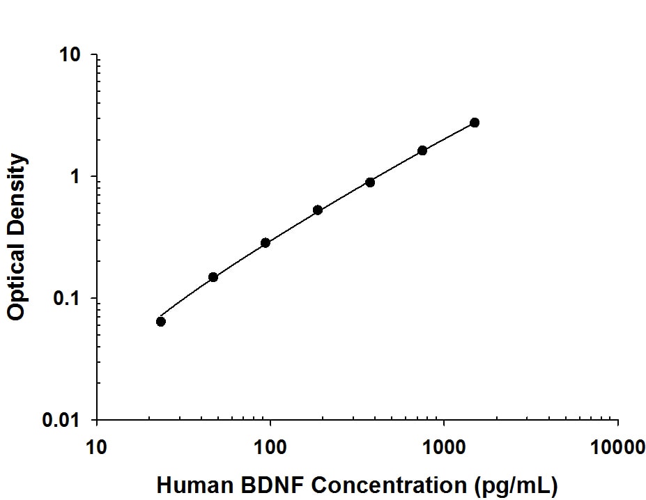 Recombinant Human BDNF protein was serially diluted 2-fold and captured by Mouse Anti-Human BDNF Monoclonal Antibody (Catalog # MAB848R) coated on a Clear Polystyrene Microplate (Catalog # DY990). Mouse Anti-Human BDNF Monoclonal Antibody (Catalog # MAB648) was biotinylated and incubated with the protein captured on the plate. Detection of the standard curve was achieved by incubating Streptavidin-HRP (Catalog # DY998) followed by Substrate Solution (Catalog # DY999) and stopping the enzymatic reaction with Stop Solution (Catalog # DY994).