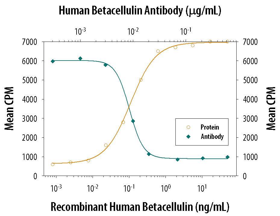 Recombinant Human Betacellulin/BTC (261-CE) stimulates proliferation in the Balb/3T3 mouse embryonic fibroblast cell line in a dose-dependent manner (orange line). Proliferation elicited by Recombinant Human Betacellulin/BTC (1 ng/mL) is neutralized (green line) by increasing concen-trations of Goat Anti-Human Betacellulin/ BTC Antigen Affinity-purified Polyclonal Antibody (Catalog # AF-261-NA). The ND50 is typically 0.04-0.08 µg/mL.