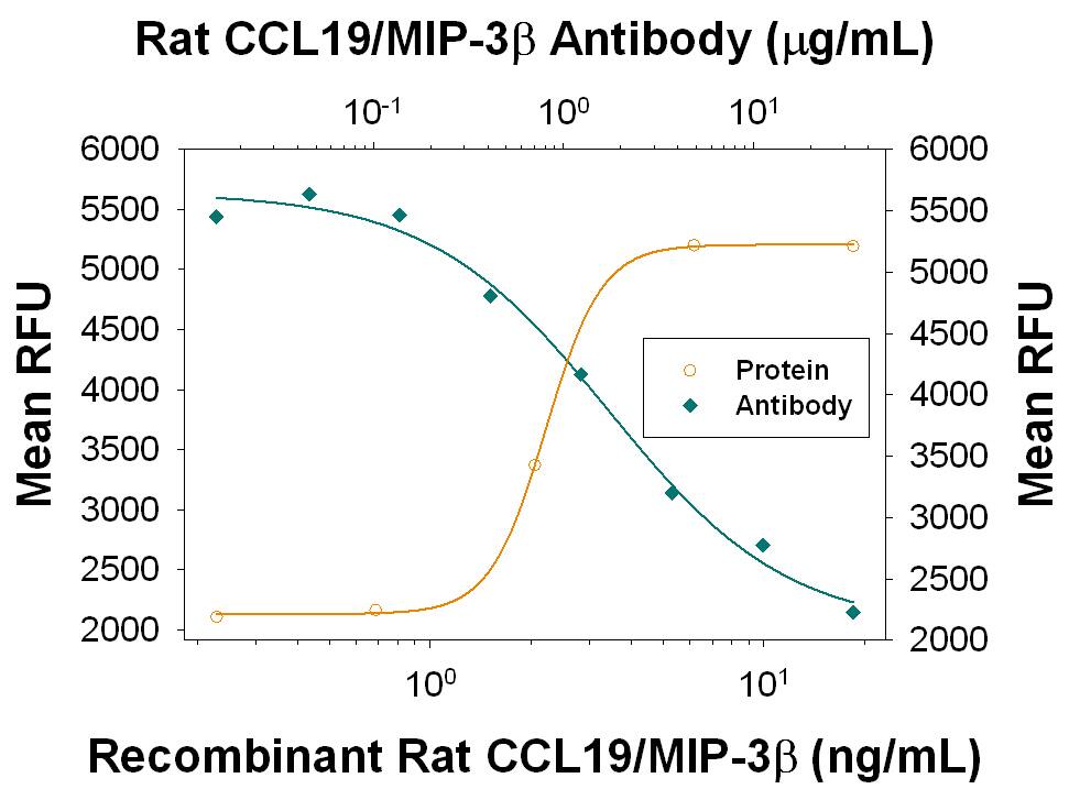 Recombinant Rat CCL19/MIP-3 beta  (Catalog # 7800-M3) induces chemotaxis in the BaF3 mouse pro-B cell line transfected with human CCR7 in a dose-dependent manner (orange line). Chemotaxis elicited by Recombinant Rat CCL19/MIP-3 beta  (25 ng/mL) is neutralized (green line) by increasing concentrations of Mouse Anti-Rat CCL19/MIP-3 beta  Monoclonal Antibody (Catalog # MAB7800). The ND50 is typically 0.4-2.4 µg/mL.