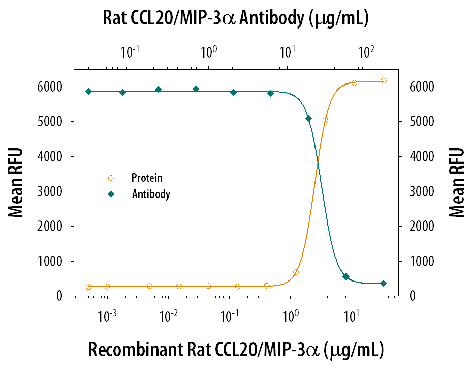 Recombinant Rat CCL20/MIP-3a (Catalog # 540-RM) chemoattracts the BaF3 mouse pro-B cell line transfected with human CCR6 in a dose-dependent manner (orange line). The amount of cells that migrated through to the lower chemotaxis chamber was measured by Resazurin (Catalog # AR002). Chemotaxis elicited by Recombinant Rat CCL20/MIP-3a (5 µg/mL) is neutralized (green line) by increasing concentrations of Rat CCL20/MIP-3a Monoclonal Antibody (Catalog # MAB540). The ND50 is typically 20-40 µg/mL.