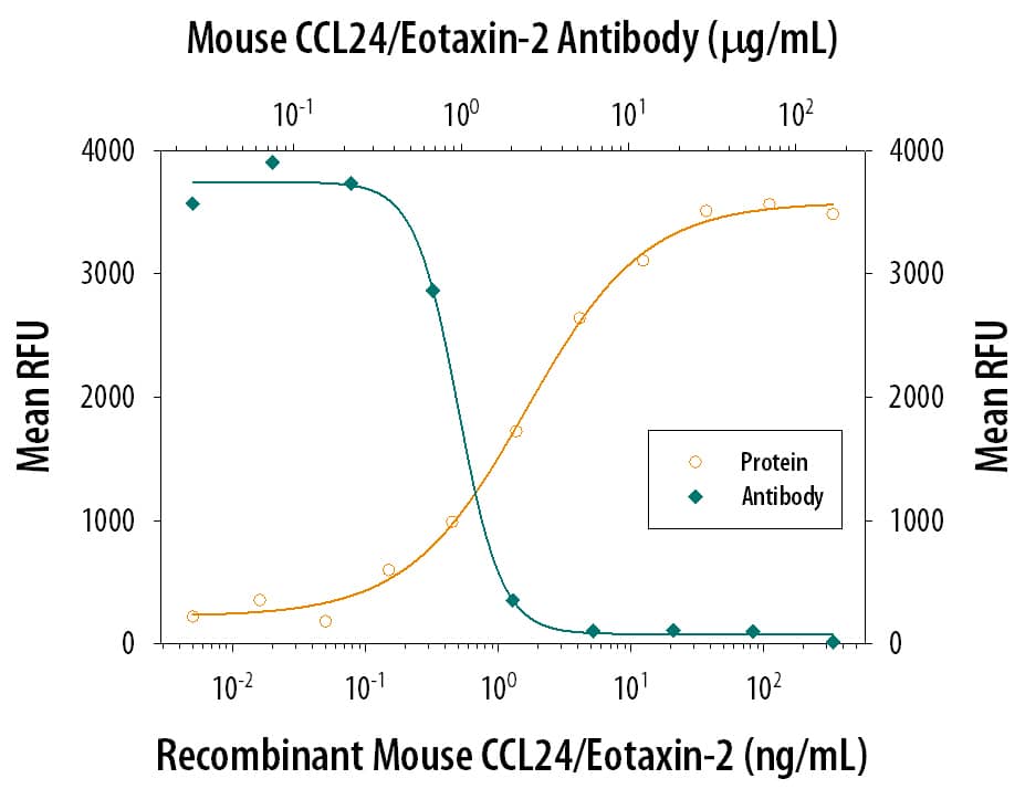 Recombinant Mouse CCL24/Eotaxin-2 (Catalog # 1017-MP) chemoattracts the BaF3 mouse pro-B cell line transfected with mouse CCR3 in a dose-dependent manner (orange line). The amount of cells that migrated through to the lower chemotaxis chamber was measured by Resazurin (Catalog # AR002). Chemotaxis elicited by Recombinant Mouse CCL24/Eotaxin-2 (0.02 µg/mL) is neutralized (green line) by increasing concentrations of Goat Anti-Mouse CCL24/ Eotaxin-2 Antigen Affinity-purified Polyclonal Antibody (Catalog # AF528). The ND50 is typically 0.5-2.5 µg/mL.
