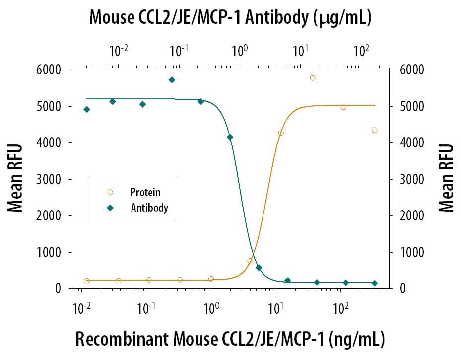 Recombinant Mouse CCL2/JE (Catalog # 479-JE) chemoattracts the BaF3 mouse pro‑B cell line transfected with human CCR2A in a dose-dependent manner (orange line). The amount of cells that migrated through to the lower chemotaxis chamber was measured by Resazurin (Catalog # AR002). Chemotaxis elicited by Recombinant Mouse CCL2/JE (40 ng/mL) is neutralized (green line) by increasing concentrations of Mouse CCL2/JE Monoclonal Antibody (Catalog # MAB479). The ND50 is typically 0.75-3.0 µg/mL.