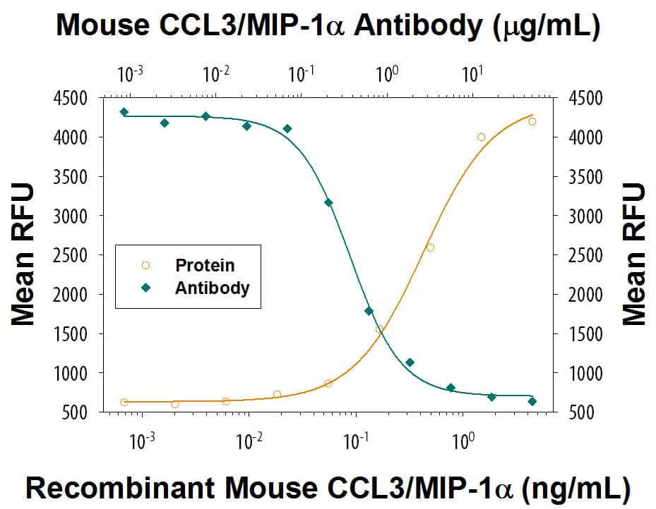 Recombinant MouseCCL3/MIP-1a (Catalog # 450-MA) chemoattracts the BaF3 mouse pro-B cell line transfected with human CCR5 in a dose-dependent manner (orange line). The amount of cells that migrated through to the lower chemotaxis chamber was measured by Resazurin (Catalog # AR002). Chemotaxis elicited by Recombinant Mouse CCL3/MIP-1a (10 ng/mL) is neutralized (green line) by increasing concentrations of Rat Anti-Mouse CCL3/MIP-1a Monoclonal Antibody (Catalog # MAB450). The ND50 is typically 0.125-0.75 µg/mL.
