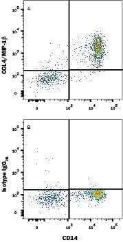 Human peripheral blood monocytes treated with LPS and Monensin for 5 hours were stained with Mouse Anti-Human CD14 APC-conjugated Monoclonal Antibody (Catalog # FAB3832A) and either (A) Mouse Anti-Human CCL4/MIP-1 beta  Fluorescein-conjugated Monoclonal Antibody (Catalog # IC271F) or (B) Mouse IgG2BFluorescein Isotype Control (Catalog # IC0041F). To facilitate intracellular staining, cells were fixed with Flow Cytometry Fixation Buffer (Catalog # FC004) and permeabilized with Flow Cytometry Permeabilization/Wash Buffer I (Catalog # FC005). View our protocol for Staining Intracellular Molecules.