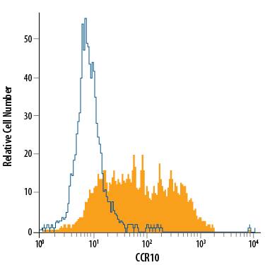 B16-F1 mouse melanoma cell line was stained with Rat Anti-Mouse CCR10 PE-conjugated Monoclonal Antibody (Catalog # FAB2815P, filled histogram) or isotype control antibody (Catalog # IC006P, open histogram). View our protocol for Staining Membrane-associated Proteins.