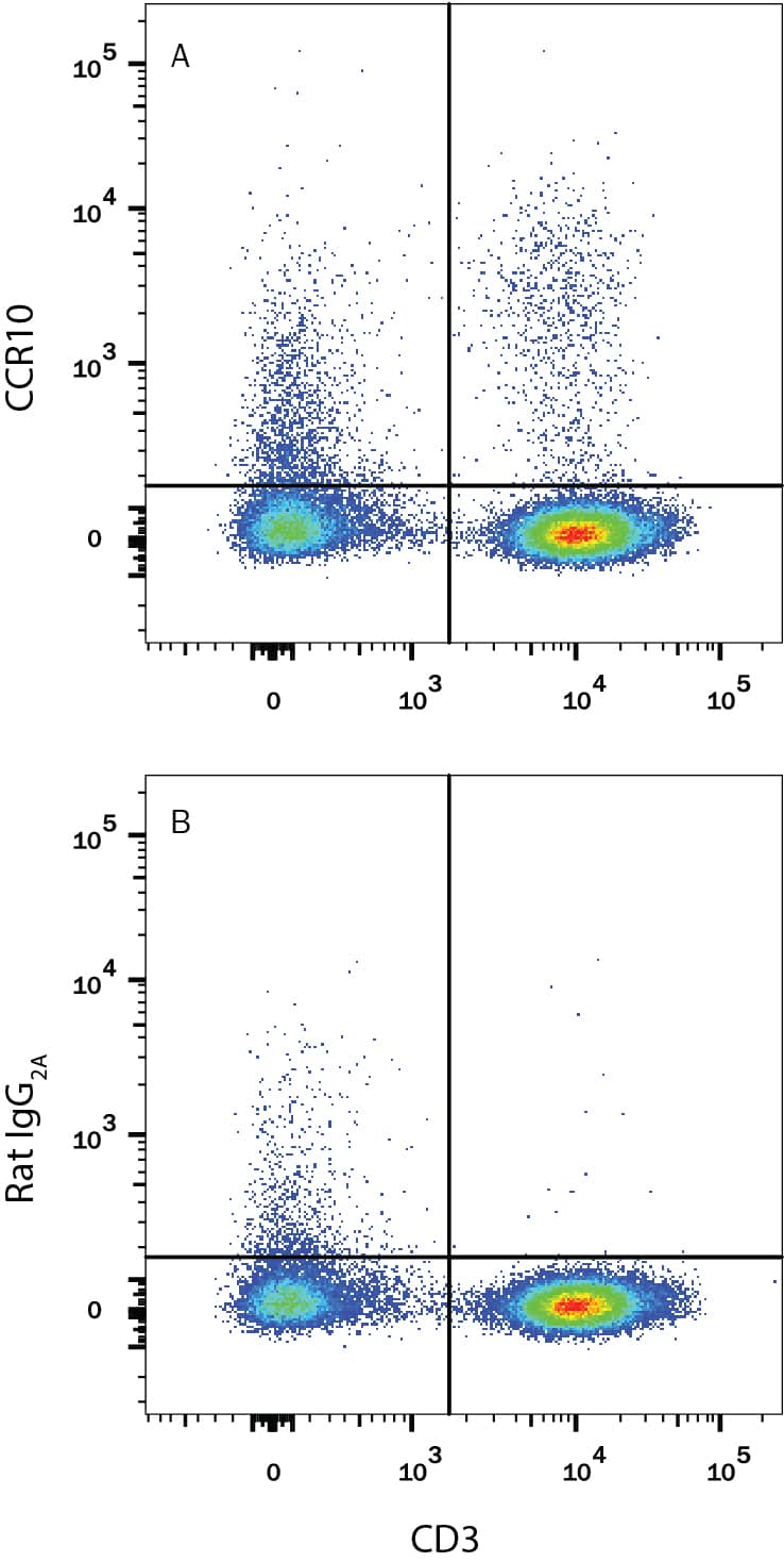 Human peripheral blood lymphocytes were stained with Mouse Anti-Human CD3e APC-conjugated Monoclonal Antibody (Catalog # FAB100A) and either (A) Rat Anti-Human CCR10 Monoclonal Antibody (Catalog # MAB3478) or (B) Rat IgG2AIsotype Control (Catalog # MAB006) followed by Phycoerythrin-conjugated Anti-Rat IgG Secondary Antibody (Catalog # F0105B). View our protocol for Staining Membrane-associated Proteins.