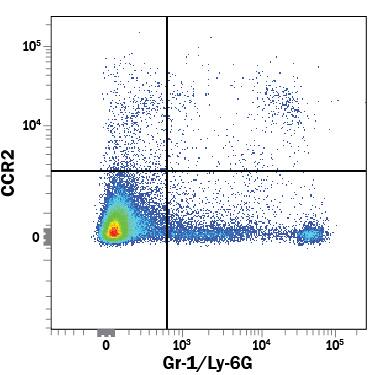 Mouse splenocytes were stained with Rat Anti-Mouse CCR2 PE-conjugated Monoclonal Antibody (Catalog # FAB5538P) and Rat Anti-Mouse Gr-1/Ly-6G Fluorescein-conjugated Monoclonal Antibody (Catalog # FAB1037F). Quadrant marker was set based on isotype control antibody staining (Catalog # IC013P). View our protocol for Staining Membrane-associated Proteins.