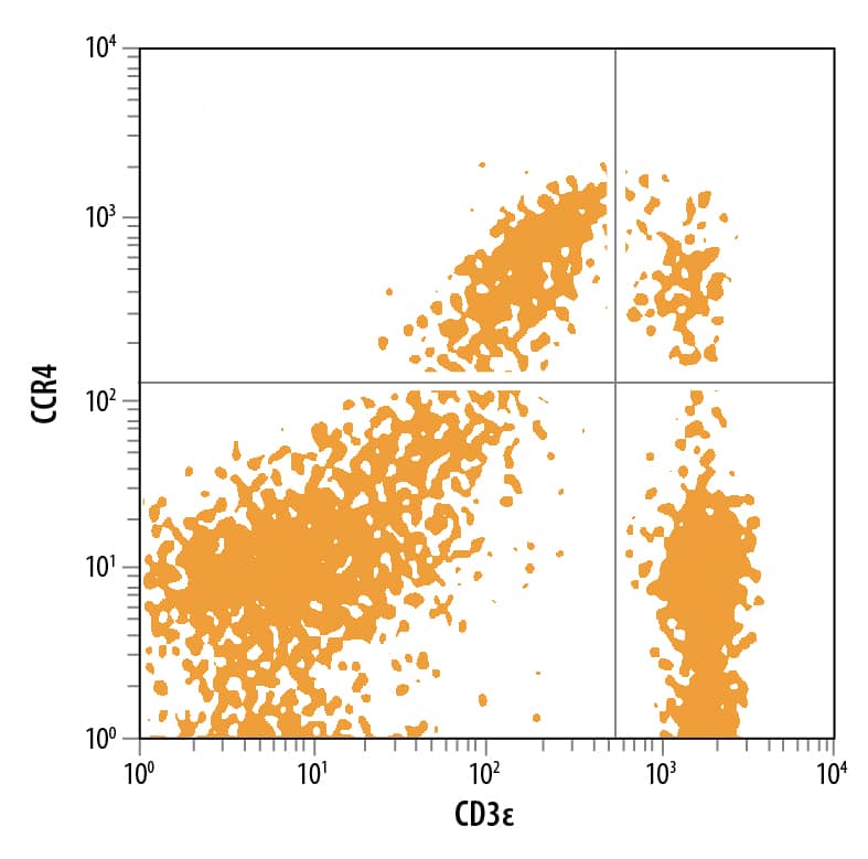Rat splenocytes were stained with Mouse Anti-Human/Rat CCR4 APC-conjugated Monoclonal Antibody (Catalog # FAB1567A) and Anti-Rat CD3e PE-conjugated Antibody. Quadrant markers were set based on control antibody staining (Catalog # IC0041A). View our protocol for Staining Membrane-associated Proteins.
