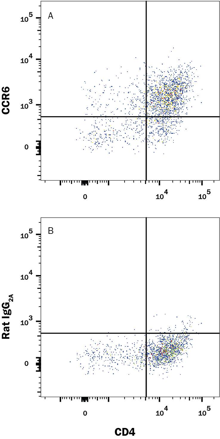Mouse splenocytes differentiated to Th17 cells with plate-bound Rat anti-Mouse CD3 epsilon monoclonal antibody (MAB484, 5 µg/mL) plus Goat anti-Mouse CD28 (AF483, 5 µg/mL), Recombinant Human TGF- beta 1 (240-B, 10 ng/mL) Recombinant Mouse IL-23 (1887-ML, 20 ng/mL), Recombinant Mouse IL-6 (406-ML, 40 ng/mL), Recombinant Mouse IL-1 beta (401-ML, 10 ng/mL), and Rat anti-Mouse IFN-gamma (MAB485, 10 µg/mL) for 5 days were stained with (A) Rat Anti-Mouse CCR6 Alexa Fluor® 594-conjugated Monoclonal Antibody (Catalog # FAB590T) or (B) RatIgG2A isotype control antibody (IC006T) and Rat Anti-Mouse CD4 APC-conjugated Monoclonal Antibody (FAB554A). View our protocol for Staining Membrane-associated Proteins.