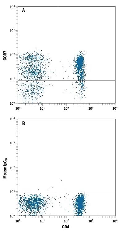 Human peripheral blood lymphocytes were stained with Mouse Anti-Human CD4 APC-conjugated Monoclonal Antibody (Catalog # FAB3791A) and either (A) Mouse Anti-Human CCR7 Alexa Fluor® 488-conjugated Monoclonal Antibody (Catalog # FAB197G) or (B) Mouse IgG2AAlexa Fluor 488 Isotype Control (Catalog # IC003G). View our protocol for Staining Membrane-associated Proteins.