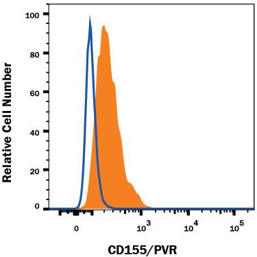 U937 human histiocytic lymphoma cell line was stained with Mouse Anti-Human CD155/PVR Fluorescein-conjugated Monoclonal Antibody (Catalog # FAB25301F, filled histogram) or isotype control antibody (Catalog # IC002F, open histogram). View our protocol for Staining Membrane-associated Proteins.