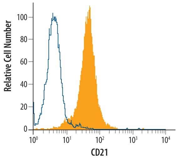 Daudi human Burkitt's lymphoma cell line was stained with Sheep Anti-Human CD21 Antigen Affinity-purified Polyclonal Antibody (Catalog # AF4909, filled histogram) or control antibody (5-001-A, open histogram), followed by NorthernLights™ 557-conjugated Anti-Sheep IgG Secondary Antibody (NL010).