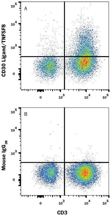 Human peripheral blood mononuclear cells (PBMCs) treated with 50 ng/mL PMA and 200 ng/mL Calcium Ionomycin overnight were stained with Mouse Anti-Human CD3e APC-conjugated Monoclonal Antibody (Catalog # FAB100A) and either (A) Mouse Anti-Human CD30 Ligand/TNFSF8 PE-conjugated Monoclonal Antibody (Catalog # FAB1028P) or (B) Mouse IgG2BPhycoerythrin Isotype Control (Catalog # IC0041P). View our protocol for Staining Membrane-associated Proteins.