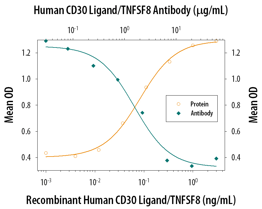 <b>Biological Strategies Validation. </b>In the presence of a cross-linking antibody, Mouse polyHistidine Monoclonal Antibody (10 µg/mL, Catalog # MAB050), Recombinant Human CD30 Ligand/TNFSF8 (Catalog # 1028-CL) stimulates IL-6 secretion in the HDLM human Hodgkin’s lymphoma cell line in a dose-dependent manner (orange line), as measured by the Human IL-6 Quantikine ELISA Kit (Catalog # D6050). Under these conditions, IL-6 secretion elicited by Recombinant Human CD30 Ligand/TNFSF8 (1 µg/mL) is neutralized (green line) by increasing concentrations of Mouse Anti-Human CD30 Ligand/TNFSF8 Monoclonal Antibody (Catalog # MAB1028). The ND50 is typically 1-4 µg/mL.