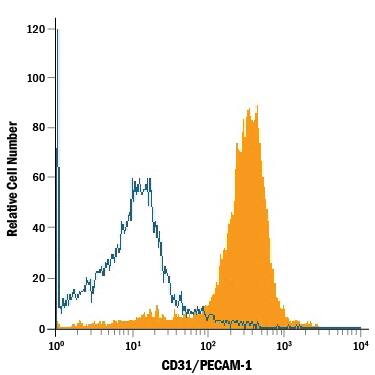 Rat splenocytes were stained with Goat Anti-Mouse/Rat CD31/PECAM-1 Alexa Fluor® 488-conjugated Antigen Affinity-purified Polyclonal Antibody (Catalog # FAB3628G, filled histogram) or isotype control antibody (Catalog # IC108G, open histogram). View our protocol for Staining Membrane-associated Proteins.