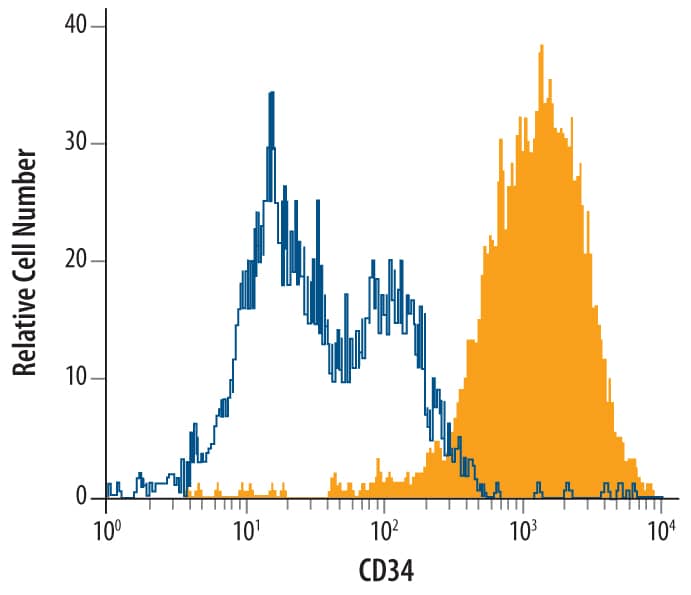 bEnd.3 mouse endothelioma cell line was stained with Mouse CD34 Antigen Affinity-purified Polyclonal Antibody (Catalog # AF6518, filled histogram) or control antibody (Catalog # 5-001-A, open histogram), followed by NorthernLights™ 637-conjugated Anti-Sheep IgG Secondary Antibody (Catalog # NL011).
