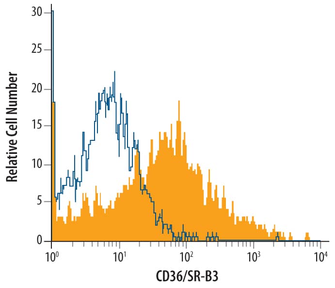 J774A.1 mouse reticulum cell sarcoma macrophage cell line was stained with Goat Anti-Mouse CD36/SR-B3 Antigen Affinity-purified Polyclonal Antibody (Catalog # AF2519, filled histogram) or isotype control antibody (Catalog # AB-108-C, open histogram), followed by Phycoerythrin-conjugated Anti-Goat IgG Secondary Antibody (Catalog # F0107).