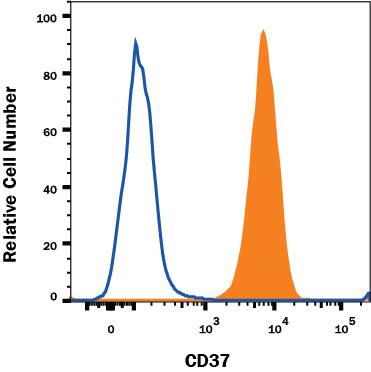 Human whole blood monocytes were stained with Mouse Anti-Human CD37 Monoclonal Antibody (Catalog # MAB4625, filled histogram) or isotype control antibody (Catalog # MAB003, open histogram), followed by Phycoerythrin-conjugated Anti-Mouse IgG F(ab')2Secondary Antibody (Catalog # F0102B). View our protocol for Staining Membrane-associated Proteins.