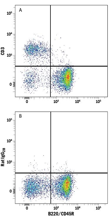 Mouse splenocytes were stained with Rat Anti-Mouse B220/CD45R APC-conjugated Monoclonal Antibody (Catalog # FAB1217A) and either (A) Rat Anti-Mouse CD3 Alexa Fluor® 594-conjugated Monoclonal Antibody (Catalog # FAB4841T) or (B) Rat IgG2BAlexa Fluor 594 Isotype Control (Catalog # IC013T). View our protocol for Staining Membrane-associated Proteins.