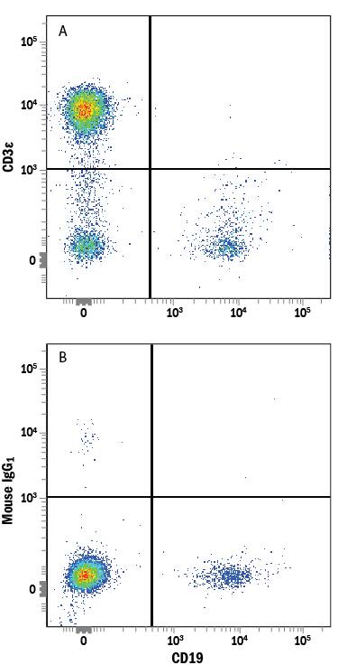 Human peripheral blood lymphocytes were stained with Mouse Anti-Human CD19 APC-conjugated Monoclonal Antibody (Catalog # FAB4867A) and either (A) Mouse Anti-Human CD3e Alexa Fluor® 488-conjugated Monoclonal Antibody (Catalog # FAB100G) or (B) Mouse IgG1Alexa Fluor 488 Isotype Control (Catalog # IC002G). View our protocol for Staining Membrane-associated Proteins.