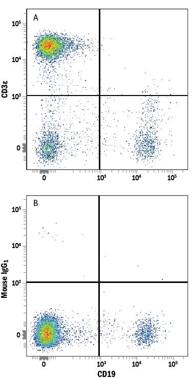 Human peripheral blood lymphocytes were stained with Mouse Anti-Human CD19 PE-conjugated Monoclonal Antibody (Catalog # FAB4867P) and either (A) Mouse Anti-Human CD3e Alexa Fluor® 647-conjugated Monoclonal Antibody (Catalog # FAB100R) or (B) Mouse IgG1Alexa Fluor 647 Isotype Control (Catalog # IC002R). View our protocol for Staining Membrane-associated Proteins.