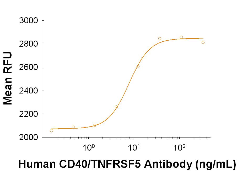Goat Anti-Human CD40/TNFRSF5 Antigen Affinity-purified Polyclonal Antibody (Catalog # AF632) stimulates human B cell proliferation in the presence of Recombinant Human IL-4 (204-IL) in a dose-dependent manner, as measured by Resazurin (AR002). The ED50 for this effect is typically 3-12 ng/mL