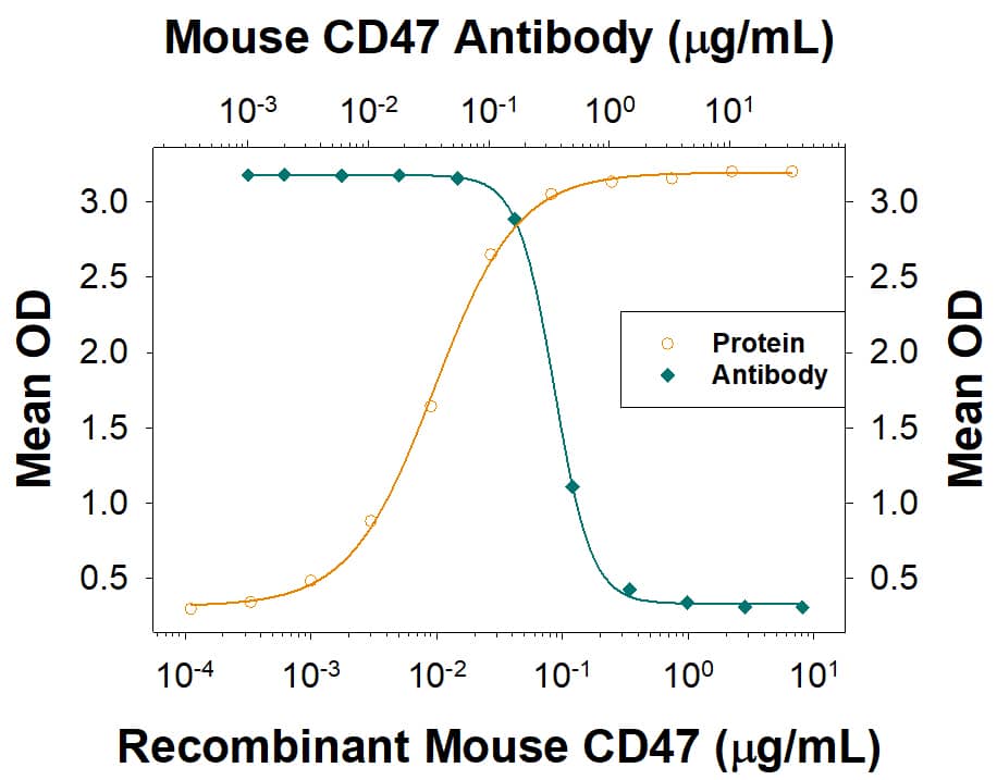 In a functional ELISA, 0.08-0.8 µg/mL of this antibody (green line) will block 50% of the binding of 0.25 µg/mL of Recombinant Mouse CD47 Fc Chimera (orange line, Catalog # 1866-CD) to immobilized Recombinant Mouse SIRPa/CD172a Fc Chimera (Catalog # 7154-SA) coated at 1 µg/mL (100 µL/well). At 5 µg/mL, this antibody will block >90% of the binding.