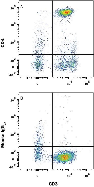Human peripheral blood lymphocytes were stained with (A) Mouse Anti-Human CD4 Monoclonal Antibody (Catalog # MAB37911) or (B) Mouse IgG2A Isotype Control (Catalog # MAB003), followed by PE-conjugated anti-Mouse IgG secondary antibody (Catalog # F0102B) and Mouse Anti-Human CD3 epsilon APC-conjugated Monoclonal Antibody (Catalog # FAB100A). View our protocol for Staining Membrane-associated Proteins.