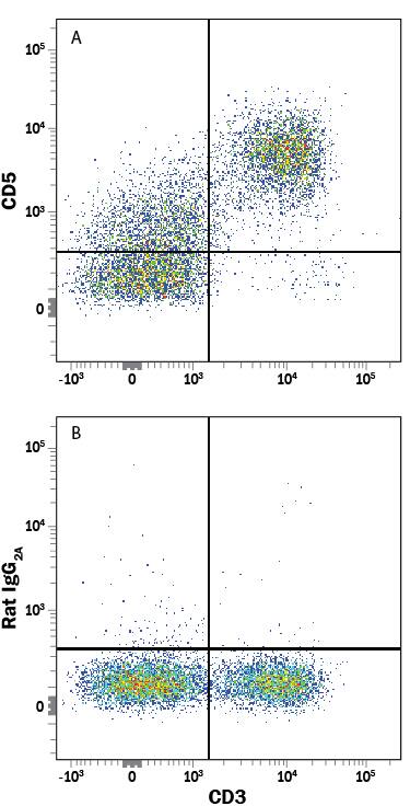 Mouse splenocytes were stained with Rat Anti-Mouse CD3 APC-conjugated Monoclonal Antibody (Catalog # FAB4841A) and either (A) Rat Anti-Mouse CD5 Fluorescein-conjugated Monoclonal Antibody (Catalog # FAB115F) or (B) Rat IgG2AFluorescein Isotype Control (Catalog # IC006F). View our protocol for Staining Membrane-associated Proteins.