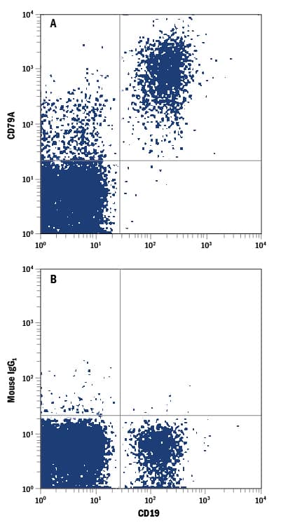 Human peripheral blood lymphocytes were stained with Mouse Anti-Human CD19 APC-conjugated Monoclonal Antibody (Catalog # FAB4867A) and either (A) Mouse Anti-Human CD79A PE-conjugated Monoclonal Antibody (Catalog # FAB69201P) or (B) Mouse IgG1Phycoerythrin Isotype Control (Catalog # IC002P). View our protocol for Staining Membrane-associated Proteins.