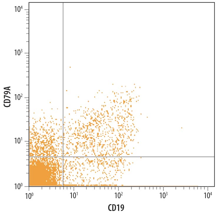 Human peripheral blood monocytes treated with Recombinant Human IL-2 (202-IL) were stained with Mouse Anti-Human CD79A Monoclonal Antibody (Catalog # MAB69201) Phycoerythrin-conjugated Anti-Mouse IgG Secondary Antibody (F0102B) and Mouse Anti-Human CD19 APC-conjugated Monoclonal Antibody (Catalog # FAB4867A). Quadrant markers were set based on control antibody staining (MAB002).