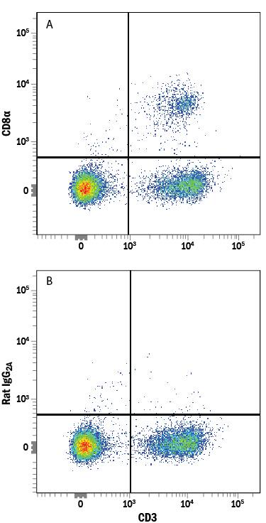 Mouse splenocytes were stained with Rat Anti-Mouse CD3 PE-conjugated Monoclonal Antibody (Catalog # FAB4841P) and either (A) Rat Anti-Mouse CD8a Alexa Fluor® 594-conjugated Monoclonal Antibody (Catalog # FAB116T) or (B) Rat IgG2AAlexa Fluor 594 Isotype Control (Catalog # IC006T). View our protocol for Staining Membrane-associated Proteins.