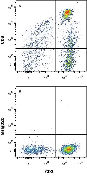 Human peripheral blood lymphocytes were stained with (A) Mouse Anti-Human CD8 alpha Monoclonal Antibody (Catalog # MAB1509R) or (B) Mouse IgG2B isotype control antibody (Catalog # MAB0041) followed by anti-Mouse IgG PE-conjugated secondary antibody (Catalog # F0102B) and Mouse Anti-Human CD3 epsilon APC-conjugated Monoclonal Antibody (Catalog # FAB100A). View our protocol for Staining Membrane-associated Proteins.