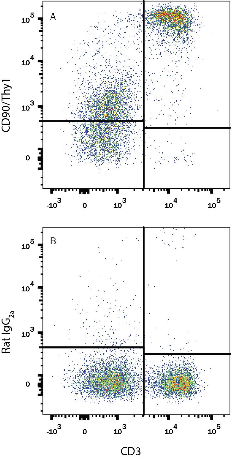 Mouse splenocytes were stained with Rat Anti-Mouse CD3 PE-conjugated Monoclonal Antibody (Catalog # FAB4841P) and either (A) Rat Anti-Mouse CD90/Thy1 APC-conjugated Monoclonal Antibody (Catalog # FAB7335A) or (B) Rat IgG2AAllophycocyanin Isotype Control (Catalog # IC006A). View our protocol for Staining Membrane-associated Proteins.
