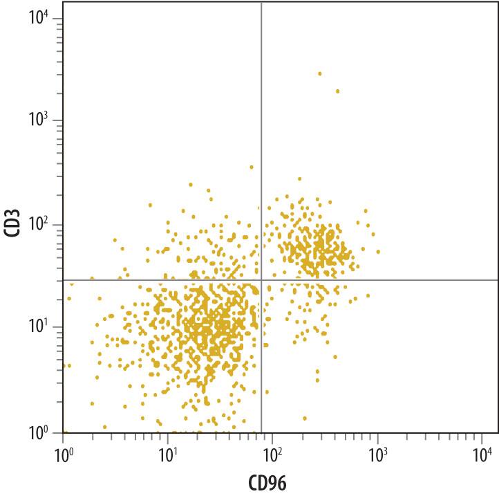 Mouse splenocytes were labeled with Mouse CD96 Monoclonal Antibody (Catalog # MAB5690) followed by Allophycocyanin-conjugated Anti-Rat IgG F(ab')2Secondary Antibody (Catalog # F0113) and Mouse CD3 PE-conjugated Monoclonal Antibody (Catalog # FAB4841P). Quadrant markers were set based on control antibody staining (Catalog # MAB006).