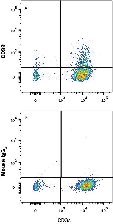 Human peripheral blood mononuclear cell (PBMC) lymphocytes were stained with (A) Mouse Anti-Human CD99 Monoclonal Antibody (Catalog # MAB3968) or (B) Mouse IgG1 Isotype Control (Catalog # MAB002) followed by anti-Mouse IgG PE-conjugated secondary antibody (Catalog # F0102B) and Mouse Anti-Human CD3 APC-conjugated Monoclonal Antibody (Catalog # FAB100A). View our protocol for Staining Membrane-associated Proteins.