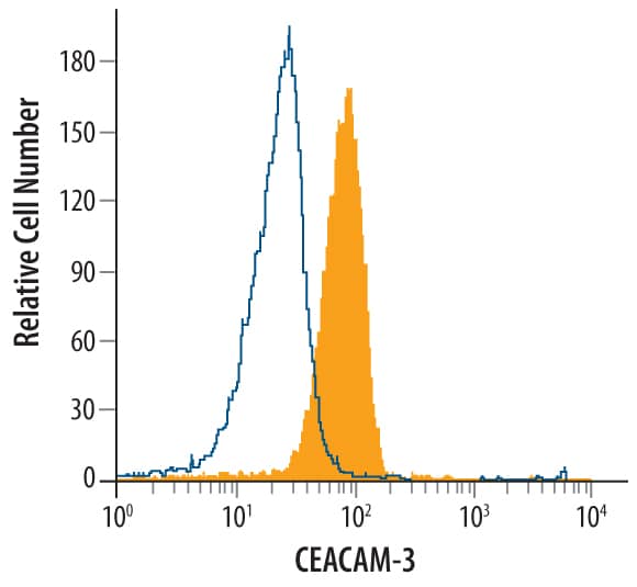 Human whole blood granulocytes were stained with Sheep Anti-Human CEACAM-3/CD66d Antigen Affinity-purified Polyclonal Antibody (Catalog # AF4166, filled histogram) or isotype control antibody (Catalog # 5-001-A, open histogram), followed by NorthernLights™ 637-conjugated Anti-Sheep IgG Secondary Antibody (Catalog # NL011).