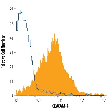 THP-1 human acute monocytic leukemia cell line was stained with Mouse Anti-Human CEACAM-4 Monoclonal Antibody (Catalog # MAB7845, filled histogram) or isotype control antibody (Catalog # MAB0041, open histogram), followed by Allophycocyanin-conjugated Anti-Mouse IgG Secondary Antibody (Catalog # F0101B).