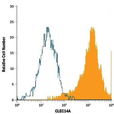 HUVEC human umbilical vein endothelial cells were stained with Mouse Anti-Human CLEC14A Monoclonal Antibody (Catalog # MAB7436, filled histogram) or isotype control antibody (Catalog # MAB0041, open histogram), followed by PE-conjugated Anti-Mouse IgG Secondary Antibody (Catalog # F0102B).