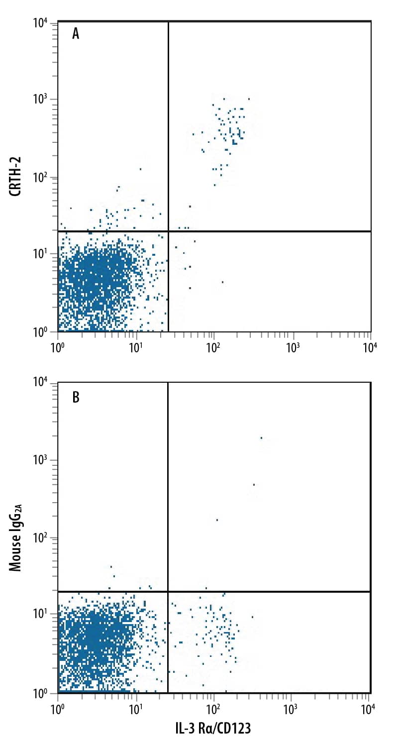 Human peripheral blood lymphocytes were stained with Mouse Anti-Human IL-3 Ra/CD123 PerCP-conjugated Monoclonal Antibody (Catalog # FAB301C) and either (A) Mouse Anti-Human CRTH-2 PE-conjugated Monoclonal Antibody (Catalog # FAB33381P) or (B) Mouse IgG2APhycoerythrin Isotype Control (Catalog # IC003P). View our protocol for Staining Membrane-associated Proteins.
