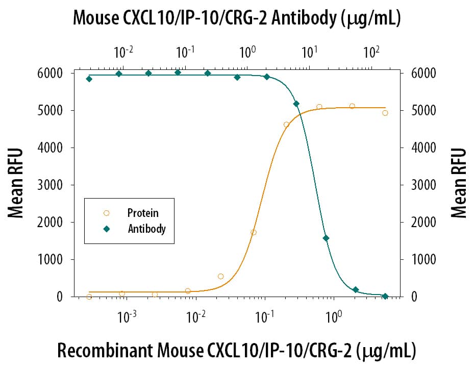 Recombinant Mouse CXCL10/CRG‑2 (Catalog # 466-CR) chemoattracts the BaF3 mouse pro‑B cell line transfected with human CXCR3 in a dose-dependent manner (orange line). The amount of cells that migrated through to the lower chemotaxis chamber was measured by Resazurin (Catalog # AR002). Chemotaxis elicited by Recombinant Mouse CXCL10/CRG‑2 (0.5 µg/mL) is neutralized (green line) by increasing concentrations of Mouse CXCL10/CRG‑2 Monoclonal Antibody (Catalog # MAB466). The ND50 is typically 10-40 µg/mL.