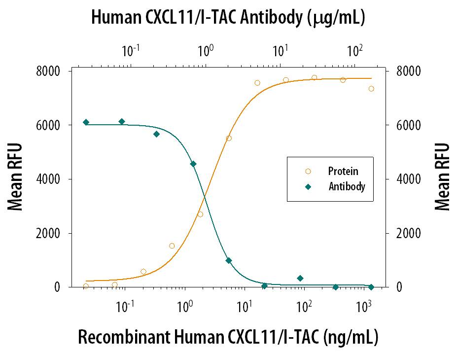 Recombinant Human CXCL11/I-TAC (Catalog # 672-IT) chemoattracts the BaF3 mouse pro-B cell line transfected with human CXCR3 in a dose-dependent manner (orange line). The amount of cells that migrated through to the lower chemotaxis chamber was measured by Resazurin (Catalog # AR002). Chemotaxis elicited by Recombinant Human CXCL11/I-TAC (0.05 µg/mL) is neutralized (green line) by increasing concentrations of Goat Anti-Human CXCL11/I-TAC Antigen Affinity-purified Polyclonal Antibody (Catalog # AF260). The ND50 is typically 0.5-1.5 µg/mL.