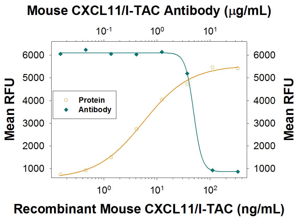 Recombinant Mouse CXCL11/I-TAC (Catalog # 572-MC) chemoattracts the BaF3 mouse pro-B cell line transfected with human CXCR3 in a dose-dependent manner (orange line). The amount of cells that migrated through to the lower chemotaxis chamber was measured by Resazurin (Catalog # AR002). Chemotaxis elicited by Recombinant Mouse CXCL11/ I-TAC (200 ng/mL) is neutralized (green line) by increasing concentrations of Goat Anti-Mouse CXCL11/I-TAC Antigen Affinity-purified Polyclonal Antibody (Catalog # AF572). The ND50 is typically 2-12 µg/mL.