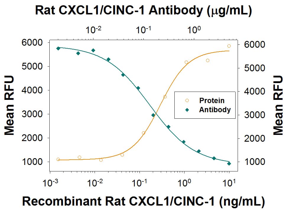 <b>Biological Strategies Validation. </b>Recombinant Rat CXCL1/CINC-1 (Catalog # 515-CN) chemoattracts the BaF3 mouse pro-B cell line transfected with human CXCR2 in a dose-dependent manner (orange line). The amount of cells that migrated through to the lower chemotaxis chamber was measured by Resazurin (Catalog # AR002). Chemotaxis elicited by Recombinant Rat CXCL1/CINC-1 (4 ng/mL) is neutralized (green line) by increasing concentrations of Rabbit Anti-Rat CXCL1/CINC-1 Monoclonal Antibody (Catalog # MAB5151). The ND50 is typically 0.075-45 µg/mL.