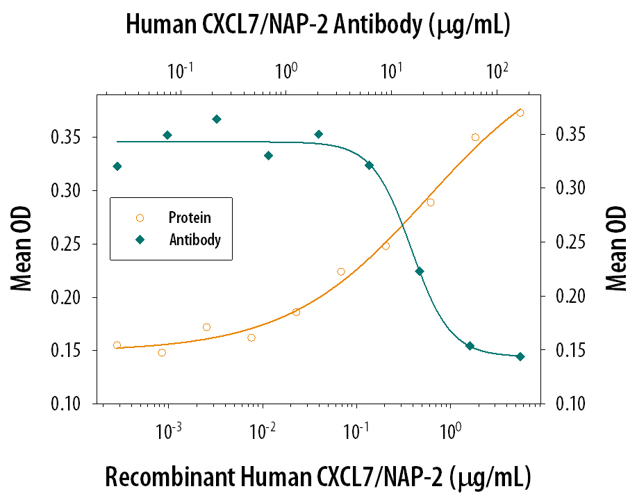 Recombinant Human CXCL7/NAP-2 (Catalog # 393-NP) induces myeloperox-idase release in the cytochalasin-B treated human neutrophils in a dose-dependent manner (orange line). Myeloperoxidase Release elicited by Recombinant Human CXCL7/NAP-2 (1 µg/mL) is neutralized (green line) by increasing concentrations of Mouse Anti-Human CXCL7/ NAP-2 Monoclonal Antibody (Catalog # MAB393). The ND50 is typically 15-20 µg/mL in the presence of cytochalasin-B.