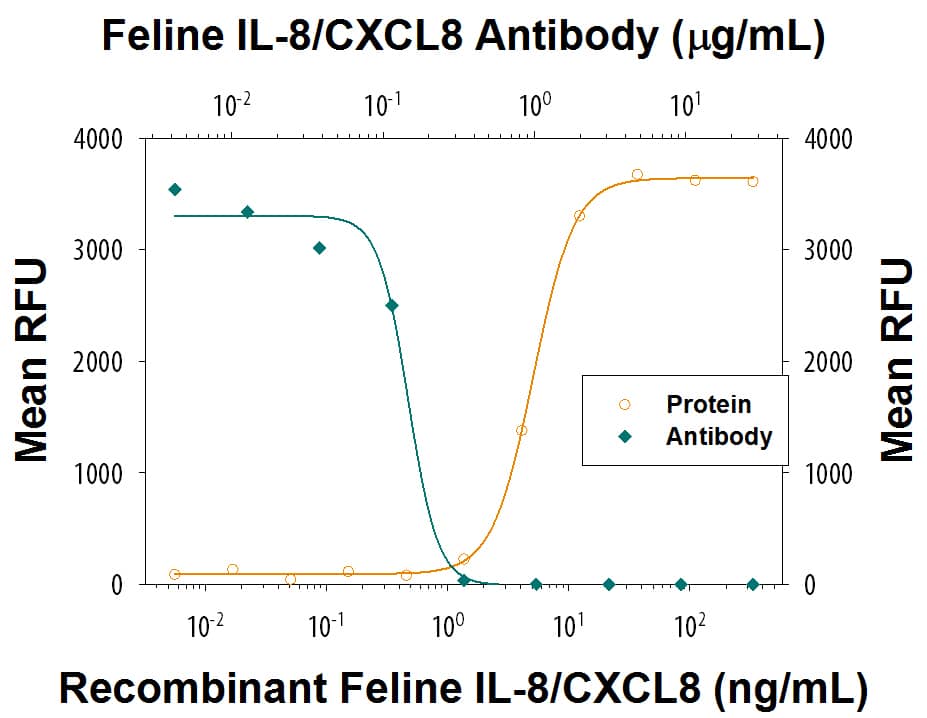Recombinant Feline IL-8/CXCL8 (Catalog # 2277-FL) chemoattracts the BaF3 mouse pro-B cell line transfected with human CXCR2 in a dose-dependent manner (orange line). The amount of cells that migrated through to the lower chemotaxis chamber was measured by Resazurin (Catalog # AR002). Chemotaxis elicited by Recombinant Feline IL-8/CXCL8 (20 ng/mL) is neutralized (green line) by increasing concen-trations of Goat Anti-Feline IL-8/CXCL8 Antigen Affinity-purified Polyclonal Antibody (Catalog # AF2277). The ND50 is typically 0.1-0.4 µg/mL.