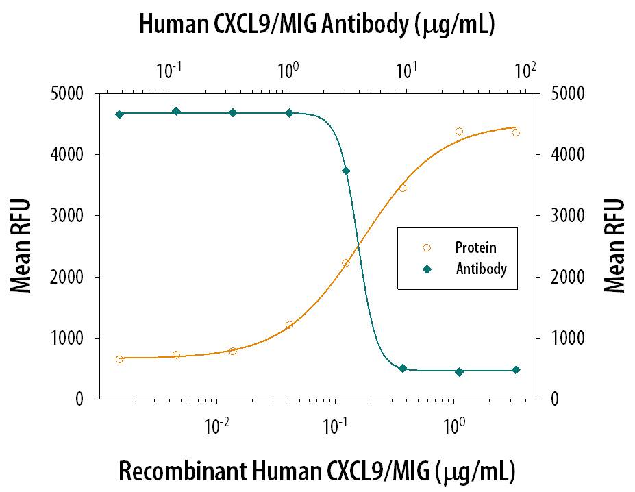 Recombinant Human CXCL9/ MIG (392-MG) chemo-attracts the BaF3 mouse pro-B cell line transfected with mouse CXCR3 in a dose-dependent manner (orange line). The amount of cells that migrated through to the lower chemotaxis chamber was measured by Resazurin (AR002). Chemotaxis elicited by Recombinant Human CXCL9/ MIG (1 µg/mL) is neutralized (green line) by increasing concentrations of Goat Anti-Human CXCL9/MIG Antigen Affinity-purified Polyclonal Antibody (Catalog # AF392). The ND50 is typically 5-40 µg/mL.